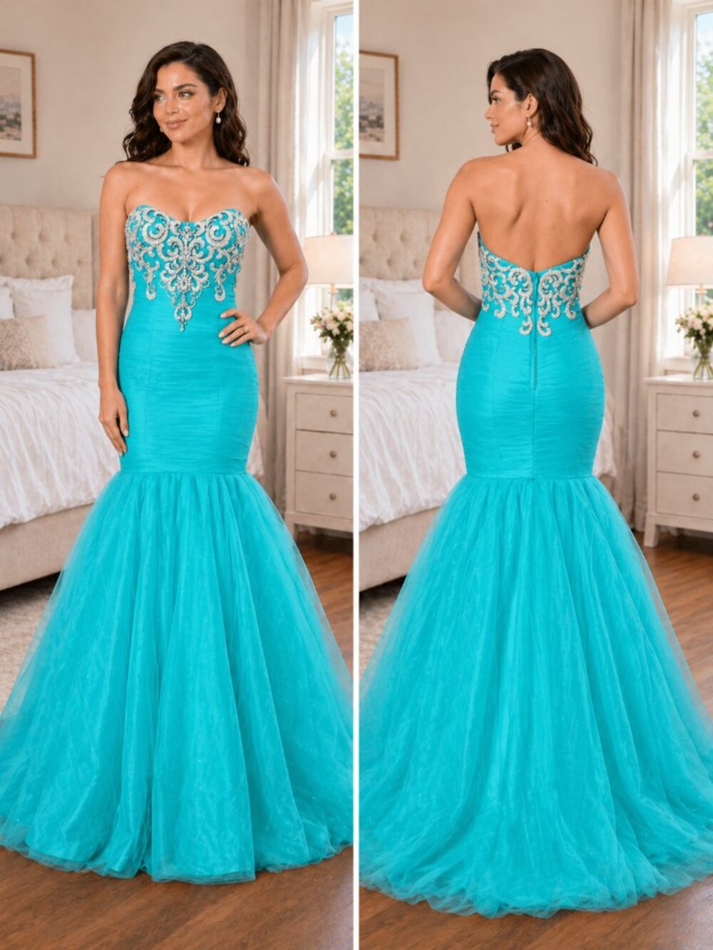 NEW Madison James Teal Silver Mermaid Formal Gown $518